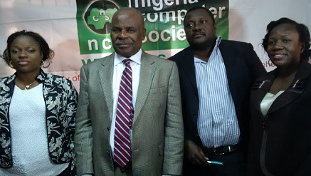 (L-r): Mrs Soremi, representative of NITDA, Professor David Adewumi, president, Jide Awe, Publicity, Events and Trade Services Committee, and Dr. Bukola Onashoga, chairman, Ogun State Chapter, all of the Nigeria Computer Society, during a press conference on NITMA 2014 .held at NCS secretariat in Lagos